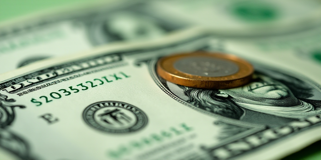 a close up of a one dollar bill with a coin on top of it and a green and white background, Aquirax U
