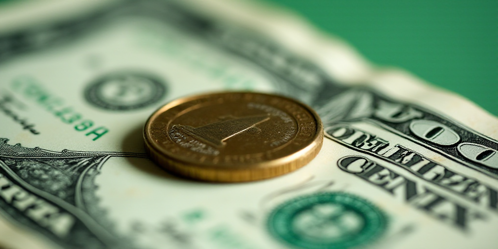 a close up of a one dollar bill with a coin on top of it and a green and white background, Aquirax U