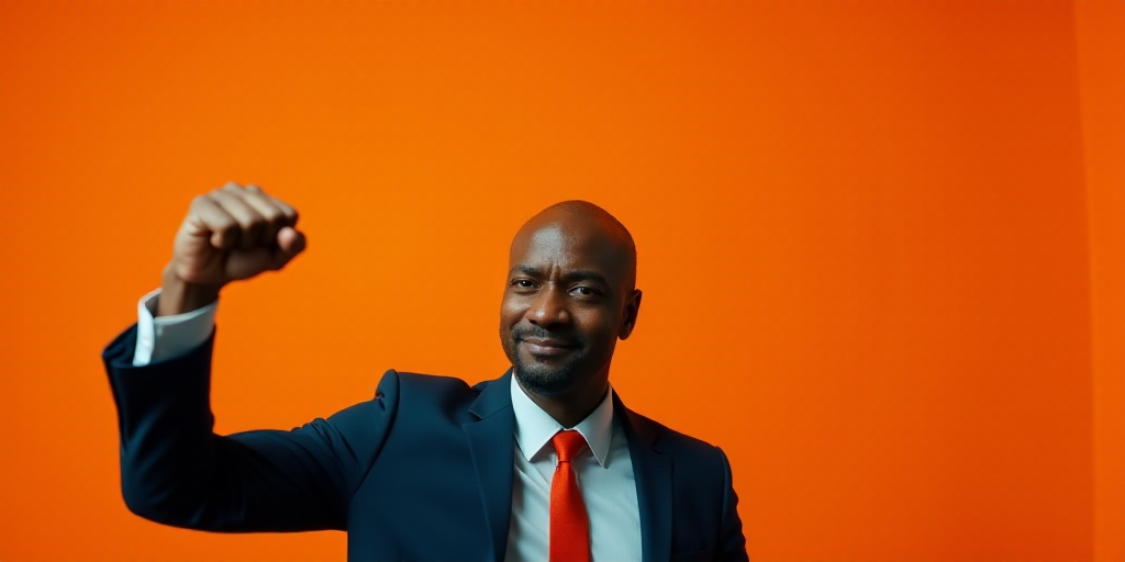 a close up of a person wearing a suit and tie holding a fist up in the air with one hand, Donald Rol