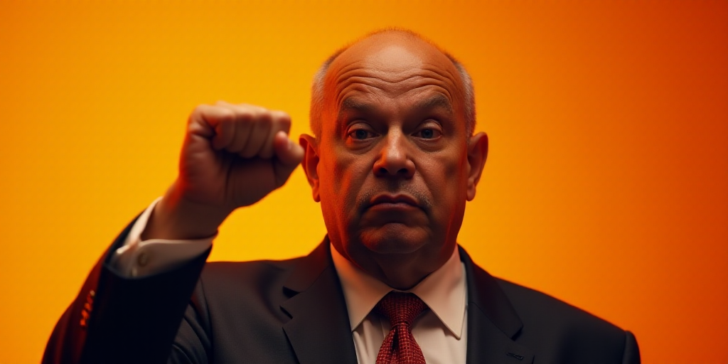 a close up of a person wearing a suit and tie holding a fist up in the air with one hand, Donald Rol