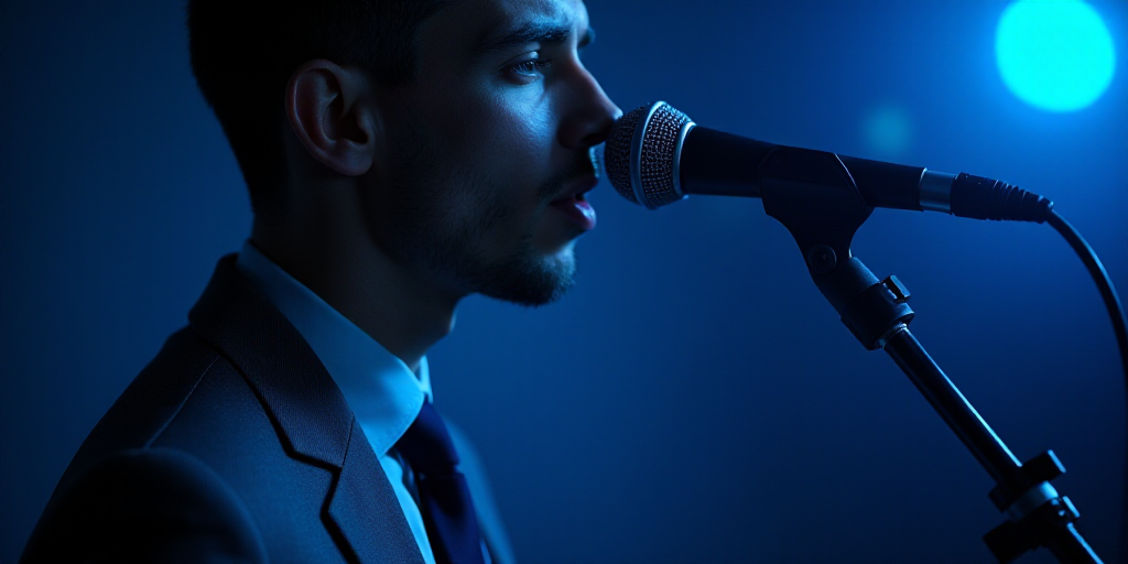 a close up of a person with a suit on and tie on and a microphone in the background with a blue ligh