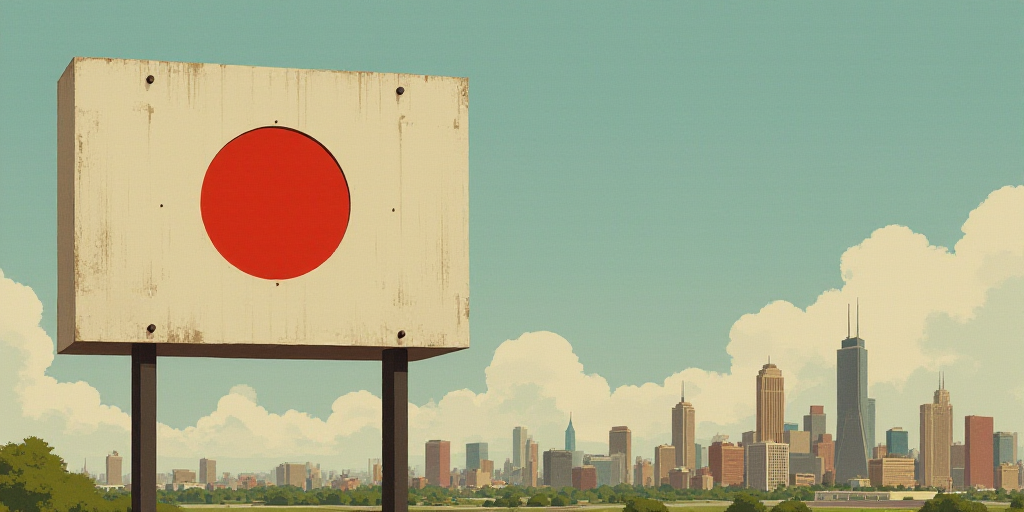 a close up of a sign in front of a building with a sky background and a building with a red circle,