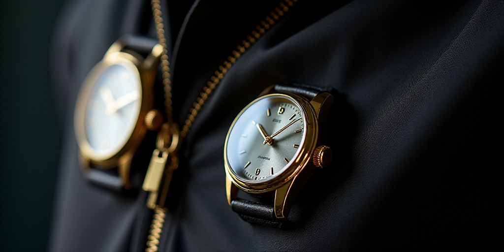 a close up of a zipper on a shirt with a clock on it's side and a gold watch on the front, Christian