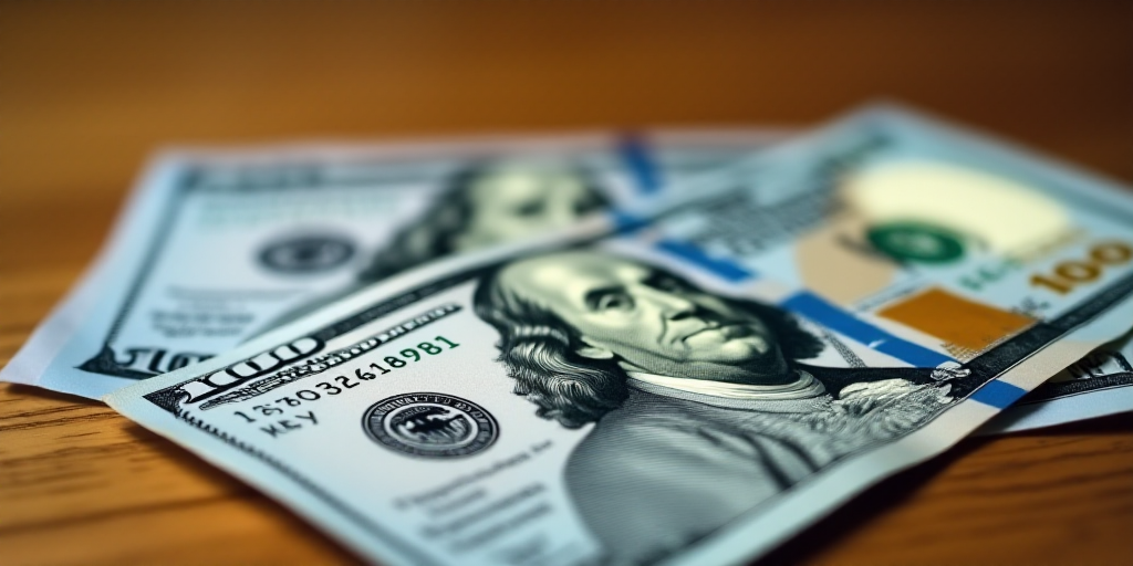 a close up of two different bills on a table with a wooden surface in the background, one of which i