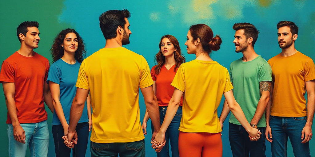 a collage of people holding hands and a man with a yellow shirt and a yellow shirt and a blue and gr