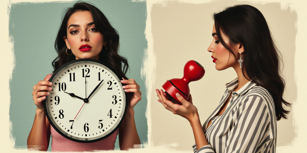 a collage of photos of a woman holding a clock and a toy in her hand, and a woman in a striped shirt