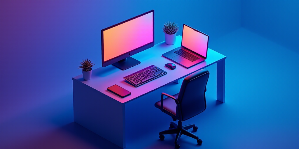 a computer and a laptop on a table with a neon background and a blue background with a neon glow, Be