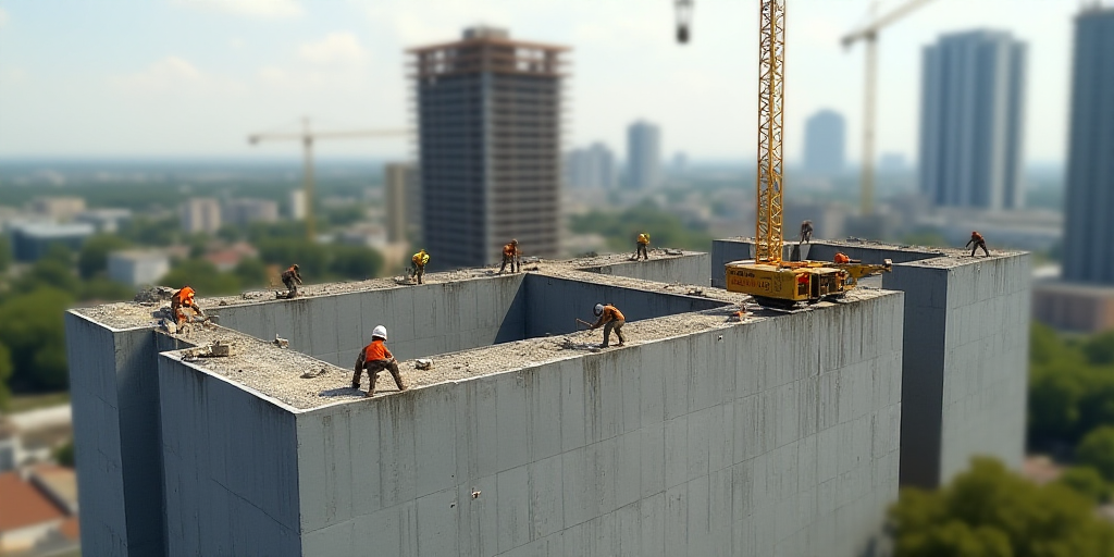 a construction site with a crane and workers working on it's walls and a building under construction