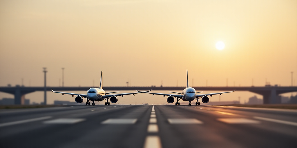 a couple of airplanes that are on a runway in the day time time, with a bridge in the background, Bo