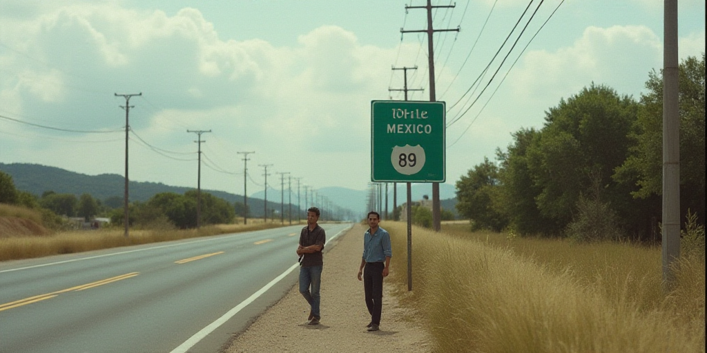 a couple of men standing on the side of a road near a road sign that says toluca mexico, Ceferí Oli