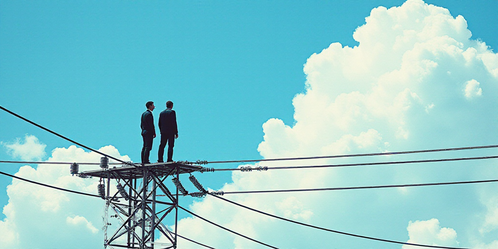 a couple of men standing on top of a power line under a blue sky with clouds in the background, Éva