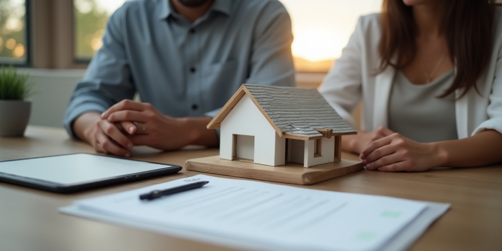 a couple of people sitting at a table with a tablet and a house model on it, and a pen and paper, Ar