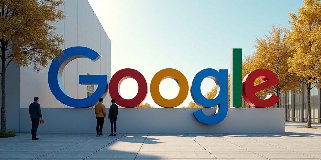 a couple of people standing in front of a google sign with a building in the background and a person