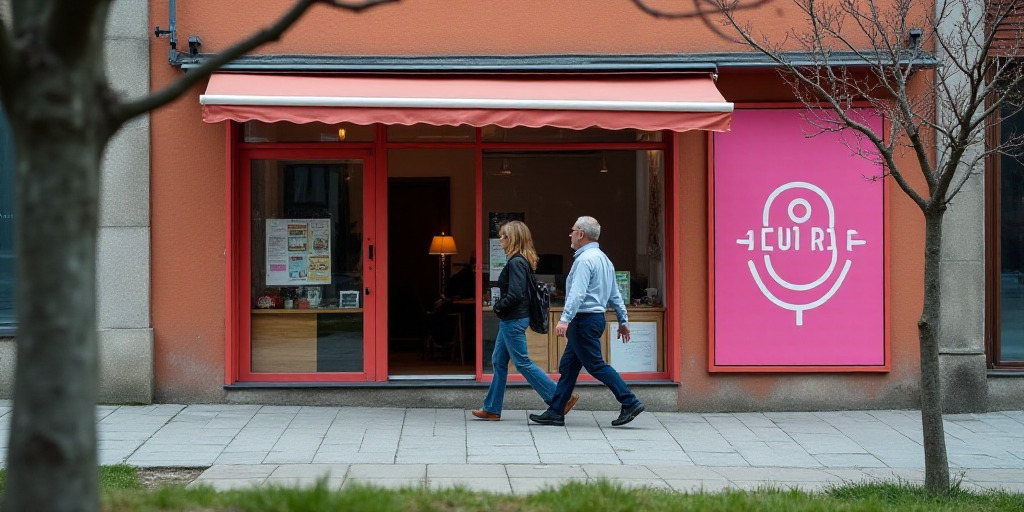 a couple of people walking past a store front with a pink sign on it's side walk and a tree, Aquirax