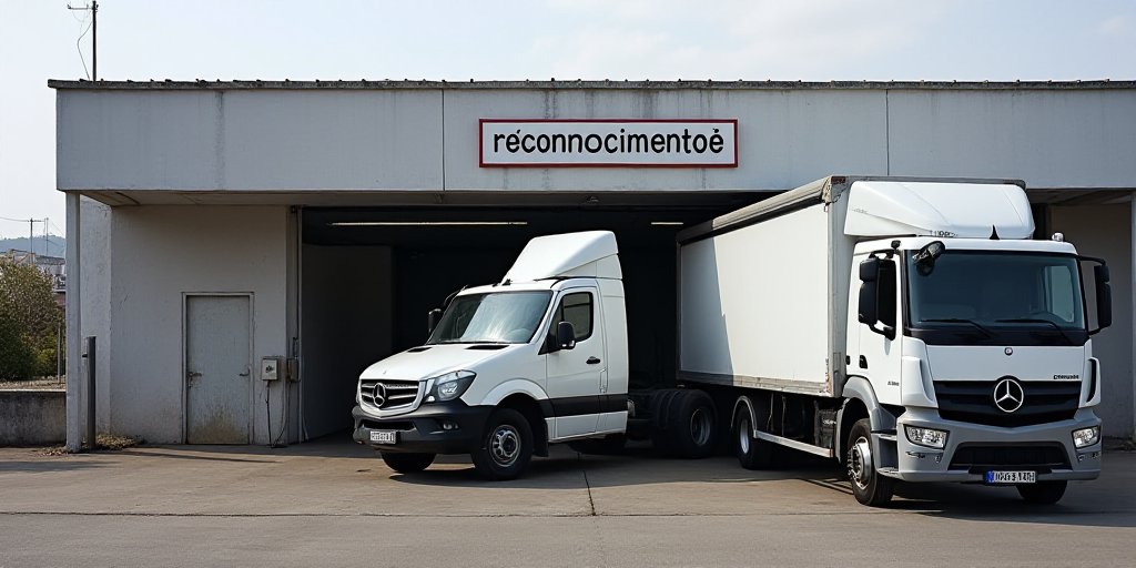 a couple of trucks parked next to each other in front of a building with a sign on it that says reco