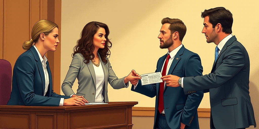 a courtroom drawing of a woman being handed a man a ticket by a judge and a man in a suit, Cecily Br