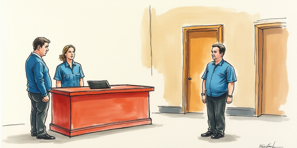 a courtroom drawing of two people standing next to a red box and a man in a blue shirt is looking at