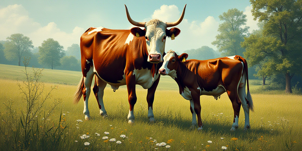 a cow and a calf are standing next to each other in a field of grass and trees, with a green marker