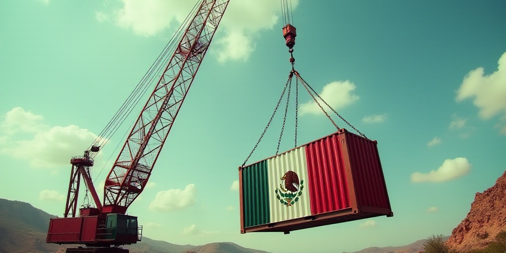 a crane is lifting a container with the flag of mexico on it to be lifted by a crane in the air, Aqu
