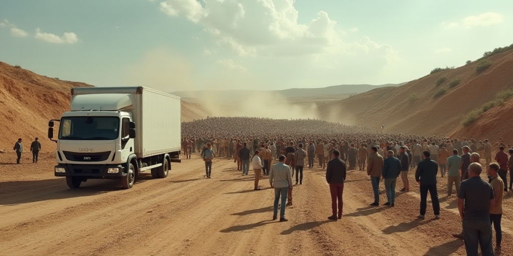 a crowd of people standing around a white truck in a dirt lot next to a hill with a white truck, Dir