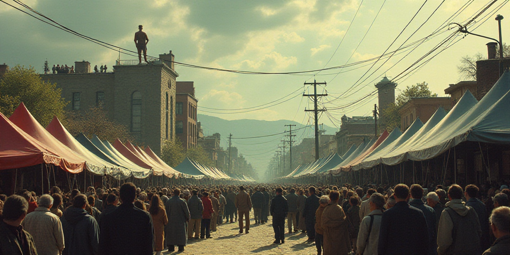 a crowd of people standing around a street with a lot of tents and buildings in the background and a