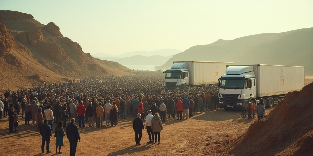 a crowd of people standing around a white truck in a dirt lot next to a hill with a white truck, Dir