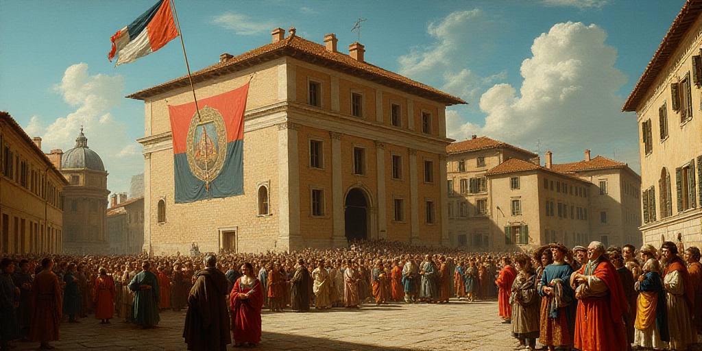 a crowd of people standing around a large building with a flag on it's side and a flag on the ground