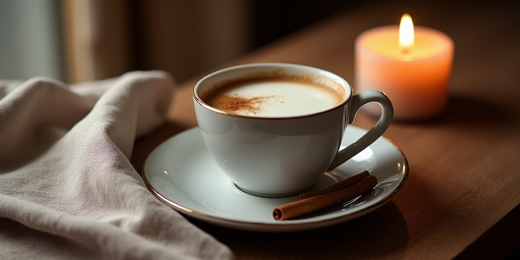 a cup of milk with cinnamon on a saucer and a cloth next to it and a candle on a table, Edi Rama, pr
