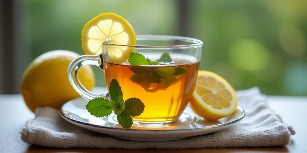 a cup of tea with lemon and mint on a table with a towel and a lemon slice on it, Évariste Vital Lu