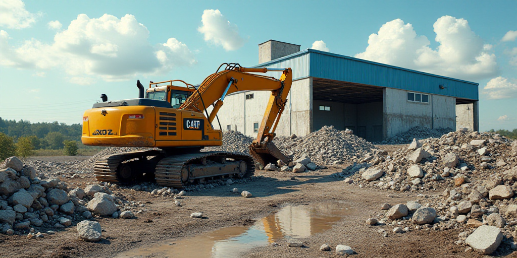 a demolition site with a demolition machine in the foreground and a building in the background with
