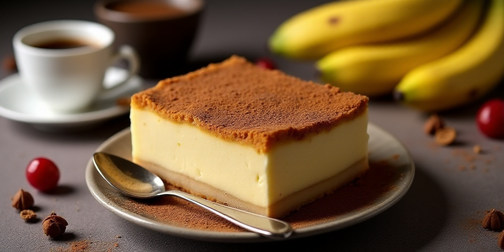 a dessert with a spoon and a cup of coffee on a table with bananas and other food items around it, B