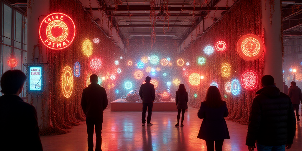 a display of neon signs and decorations in a building with people standing around it and a man stand