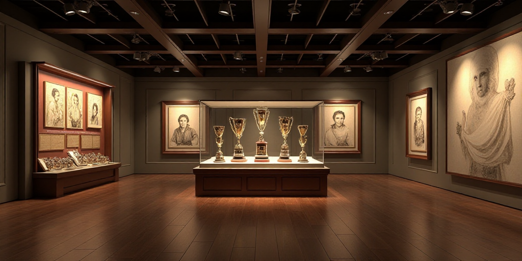a display of trophies and pictures in a museum with a light shining on them and a wall with a pictur