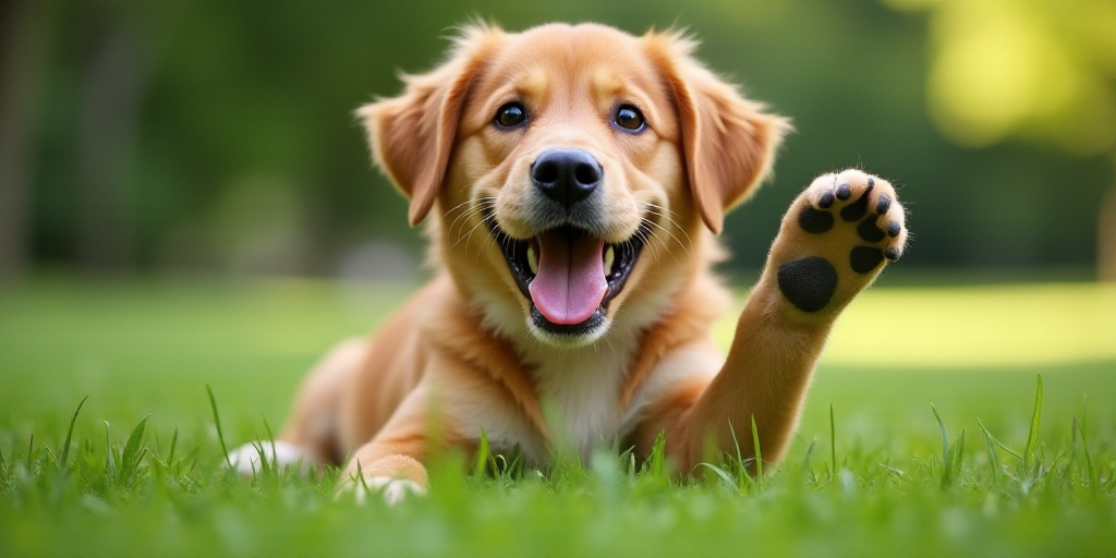 a dog laying on the grass with its paw up to the camera and smiling at the camera with its mouth ope