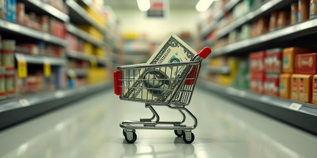 a dollar bill in a shopping cart and a shopping cart with a dollar bill in it in a grocery store, Do