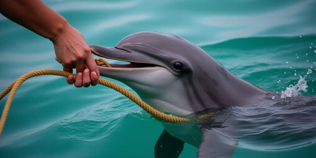 a dolphin being petted by a person with a rope around its neck and a hand holding a rope, Bouchta El