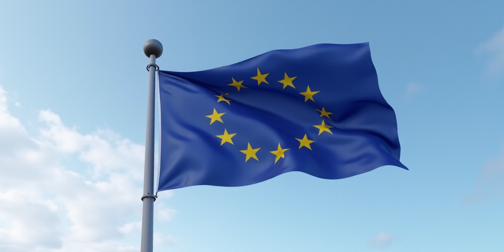 a european flag flying in the wind on a cloudy day with a blue sky in the background and a few yello