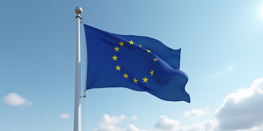 a european flag flying in the wind on a cloudy day with a blue sky in the background and a few yello