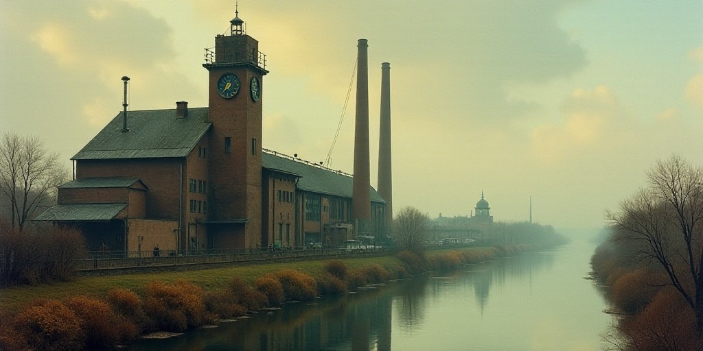 a factory with a sign on the side of it and a tower with a clock on it and a river in the background