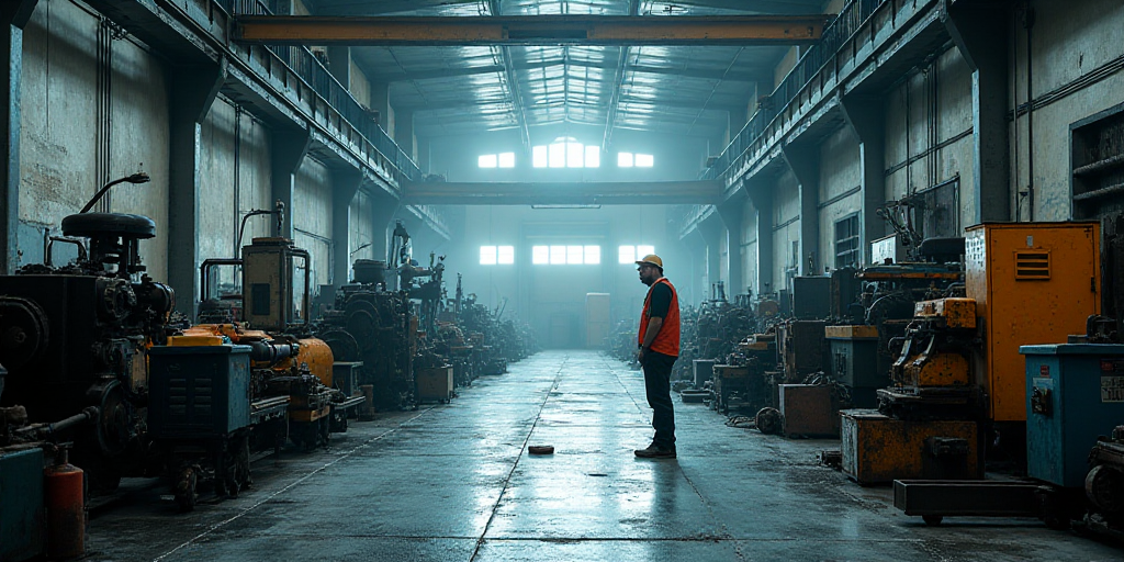 a factory with lots of machines and machinery in it's warehouse flooring area and a worker standing