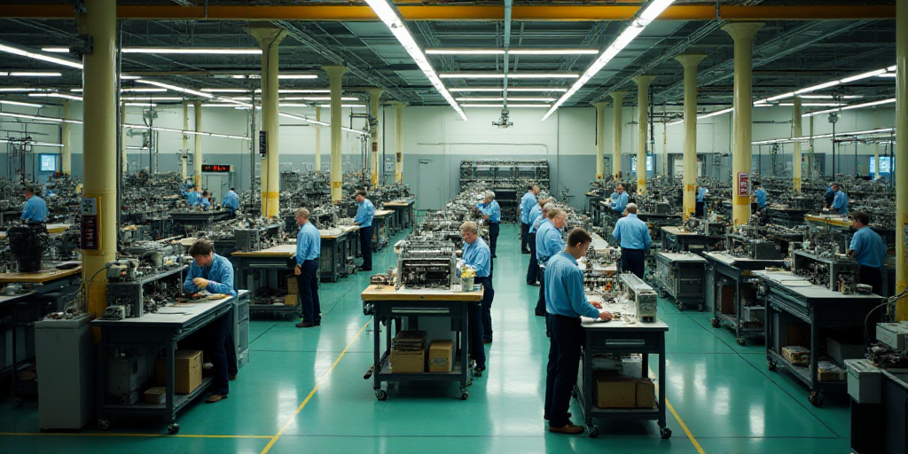 a factory with workers and workers working on machines and equipment in it's assembly area, with wor