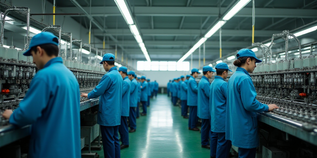 a factory with workers working on machines and equipment in it's factory floor area, with workers in
