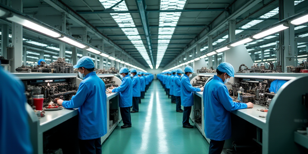 a factory with workers working on machines and equipment in it's factory floor area, with workers in