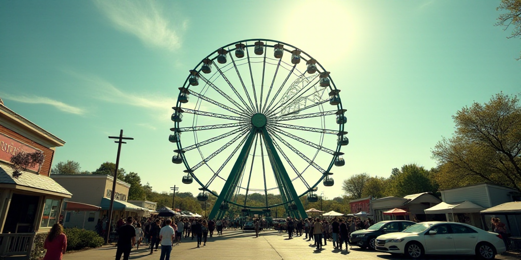 a ferris wheel with a bunch of people standing around it in front of it and a few cars parked in fro