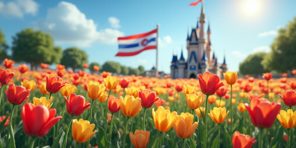 a field of flowers with a flag in the background and a building in the background with a flag on top