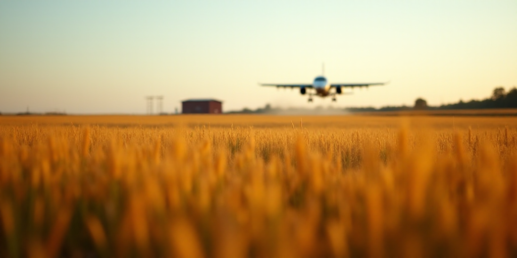 a field of tall grass with a plane in the background and a building in the distance in the distance,