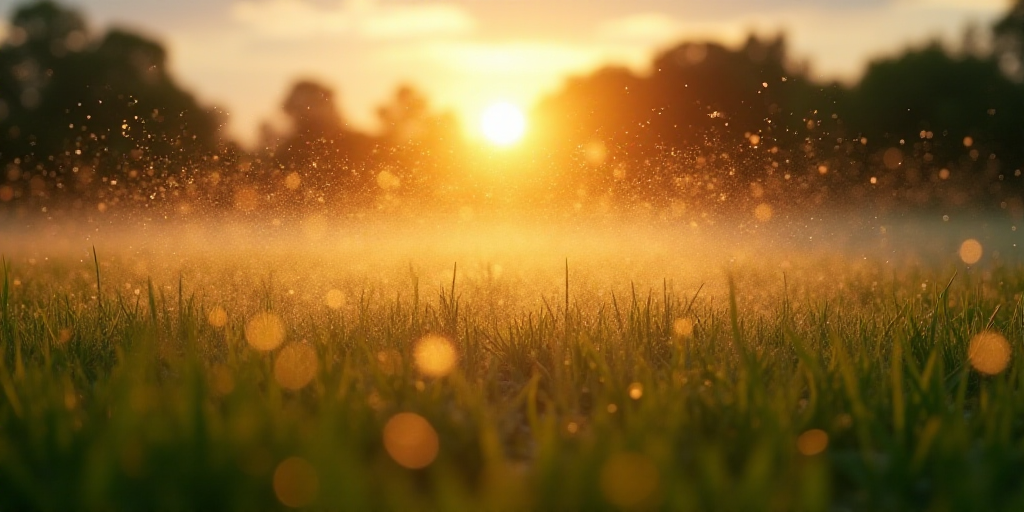 a field with a lot of sprinkles in the middle of it and a sun in the background, Andries Stock, wate