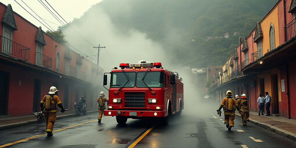 a fire truck is on the road with a fire hose in it's mouth and firefighters are surrounding it, Davi