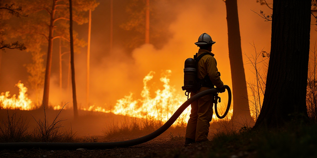 a firefighter in a yellow uniform is holding a large fire hose in front of a fire in the woods, Carl
