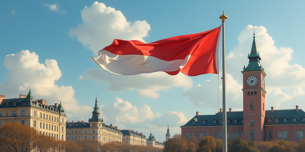 a flag flying in front of a tall building with a clock tower in the background and a flag in the for